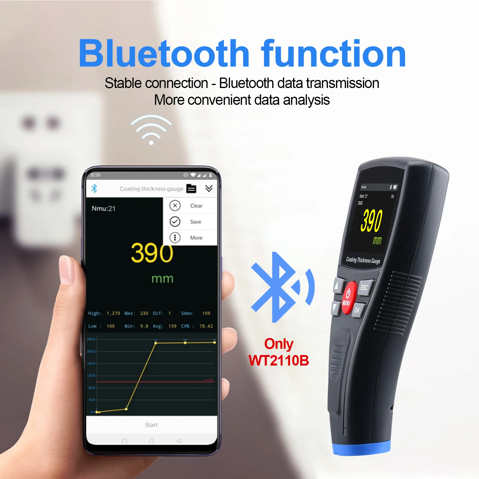 Xin Tester Coating Film Thickness Gauge Car 0-1800um Metal Fe/nFe Paint Thickness Meter Tester+Bluetooth+Rechargeable WT2110