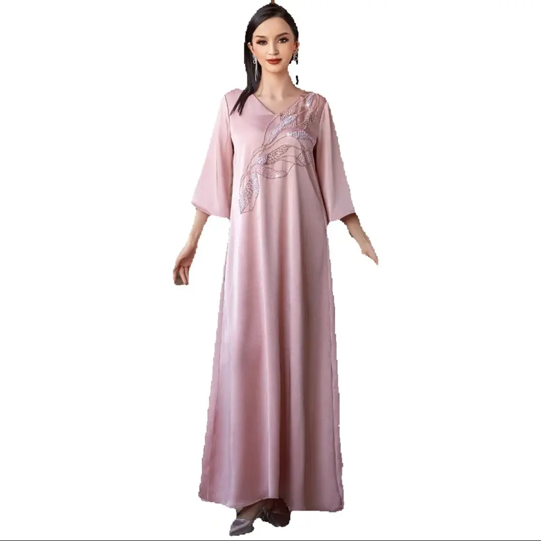 

Pink Abayas for Women Elegant Dubai Evening Party Dress Muslim Satin Kaftan Turkey Caftan Kebaya Islam Jalabiya Femme Robe Gown