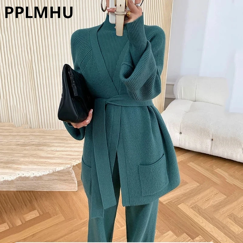 Winter Thicken 1.5kg Sweater 3 Piece Sets Knit Long Cardigan Turtleneck Slim Pullover Outfits Wide Leg Pants Tracksuit With Sash