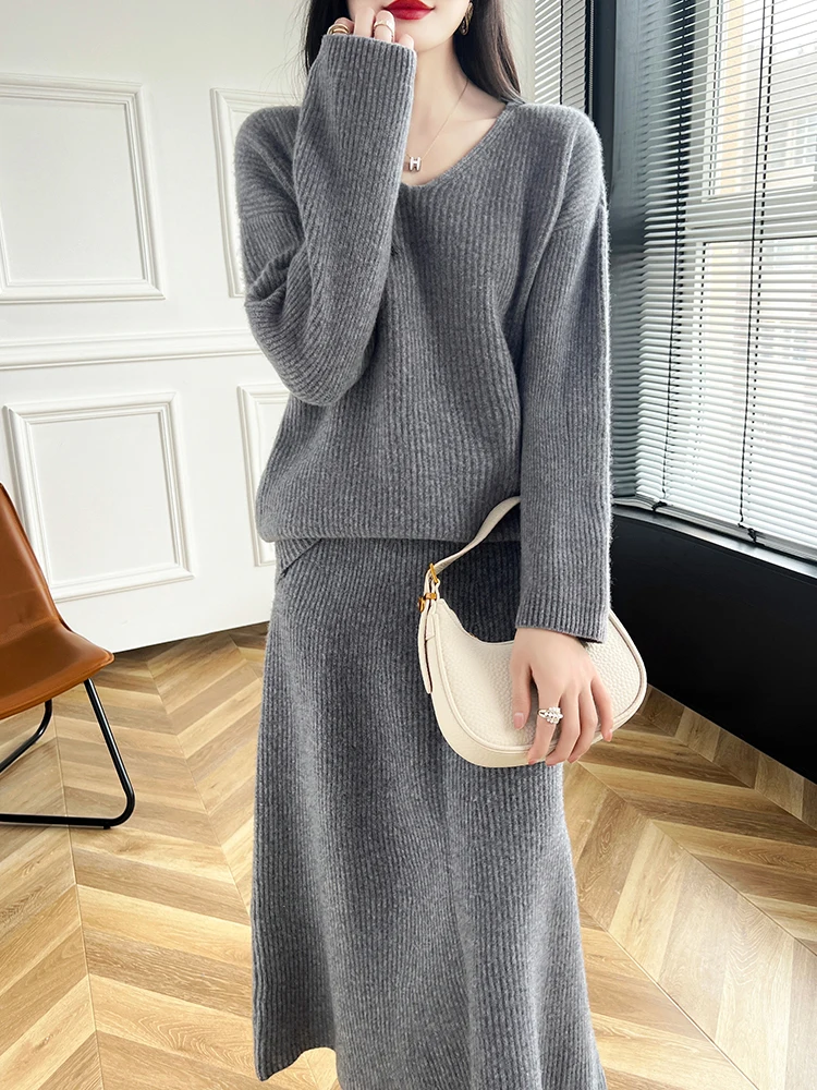 New Fashion Suit Spring Autumn Winter 100% Merino Wool Knit High Quality Women Sweater Top and Skirt Two-Piece Female Clothing