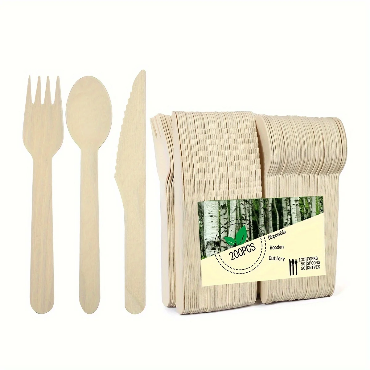 A Set of Premium Wooden Cutlery – 100/200 Pieces of Disposable Cutlery (50/100 Forks, 25/50 Knives, 25/50 Spoons), Suitable for Events and Catering Services, Includes 5.5inch / 6.3inch Utensils, with a Wooden Table Cutlery Set of 14cm / 16cm Pieces Suitable for Daily Use, Outdoor Activities, and Parties.