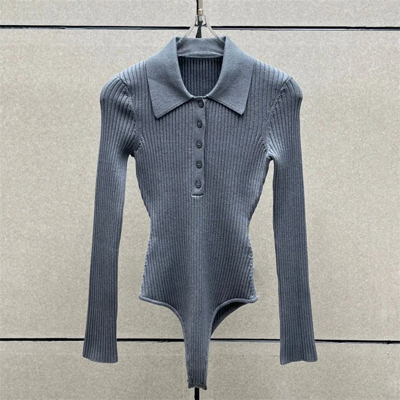 

Women's bodysuit 2026 Spring new elastic knitted slim fit lapel long sleeved top Wool blend pullover sweater y2k women's tops