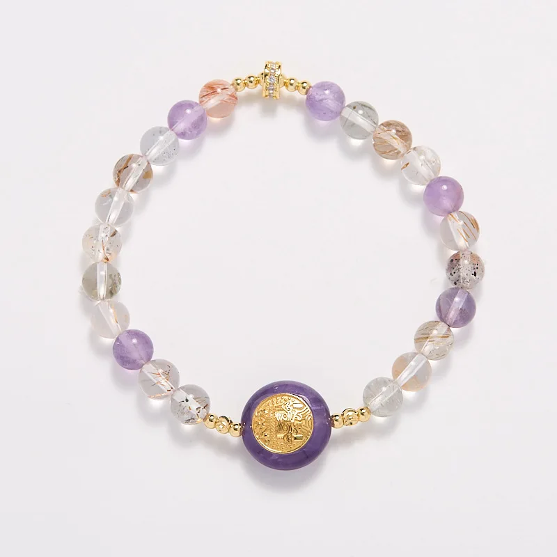 

Fuyao натуральный 6 мм черный золотой супер семь для женщин S серебряный аметист Zakiram хрустальный браслет