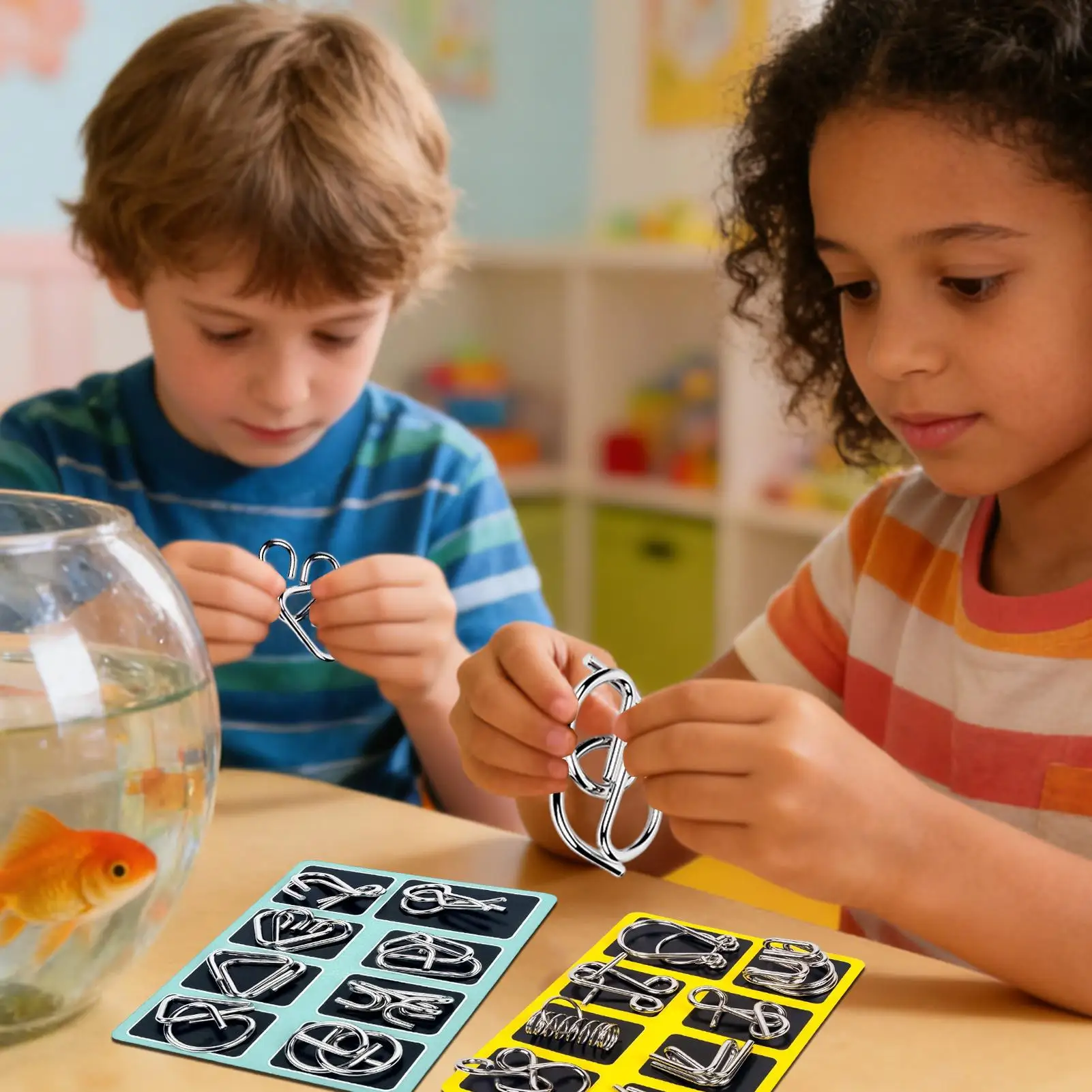 금속 두뇌 티저 퍼즐 16개 조각 교육용 금속 퍼즐 세트 학생 어린이 성인 가정 파티 게임용