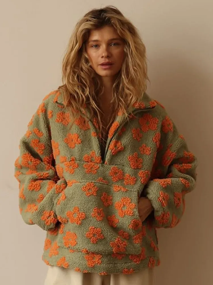 سستة نصف مفتوحة طوق هوديي للمرأة الخريف أزياء زهرة طباعة أفخم البلوز الشتاء السيدات اللون مطابقة الدافئة السترة