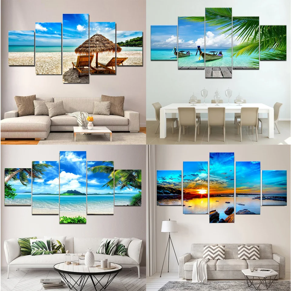 5 pannelli paesaggio tramonto spiaggia palma tropicale pieno quadrato/diamante rotondo dipinto punto croce mosaico puzzle digitale decor WE348 004