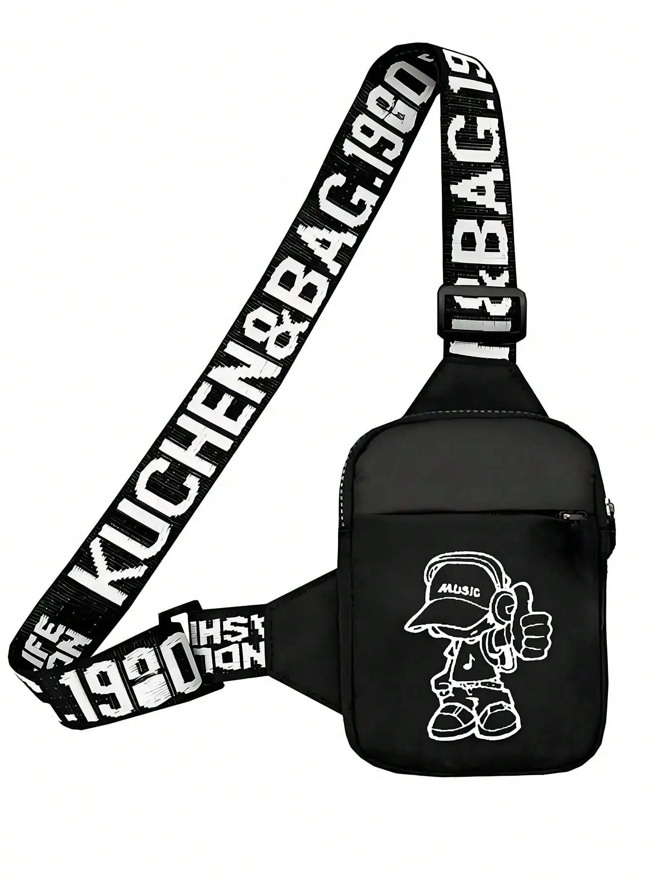 

Black Nylon Crossbody Sling Bag with Graphic Print and Adjustable Strap
