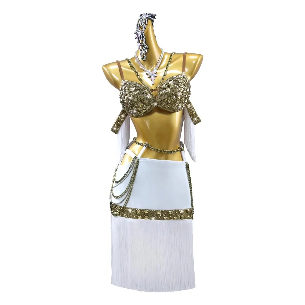 Latin Dance International Stage Women's High-end Custom Golden Bra White Tassel Samba Rhinestone Performance Costume Dress