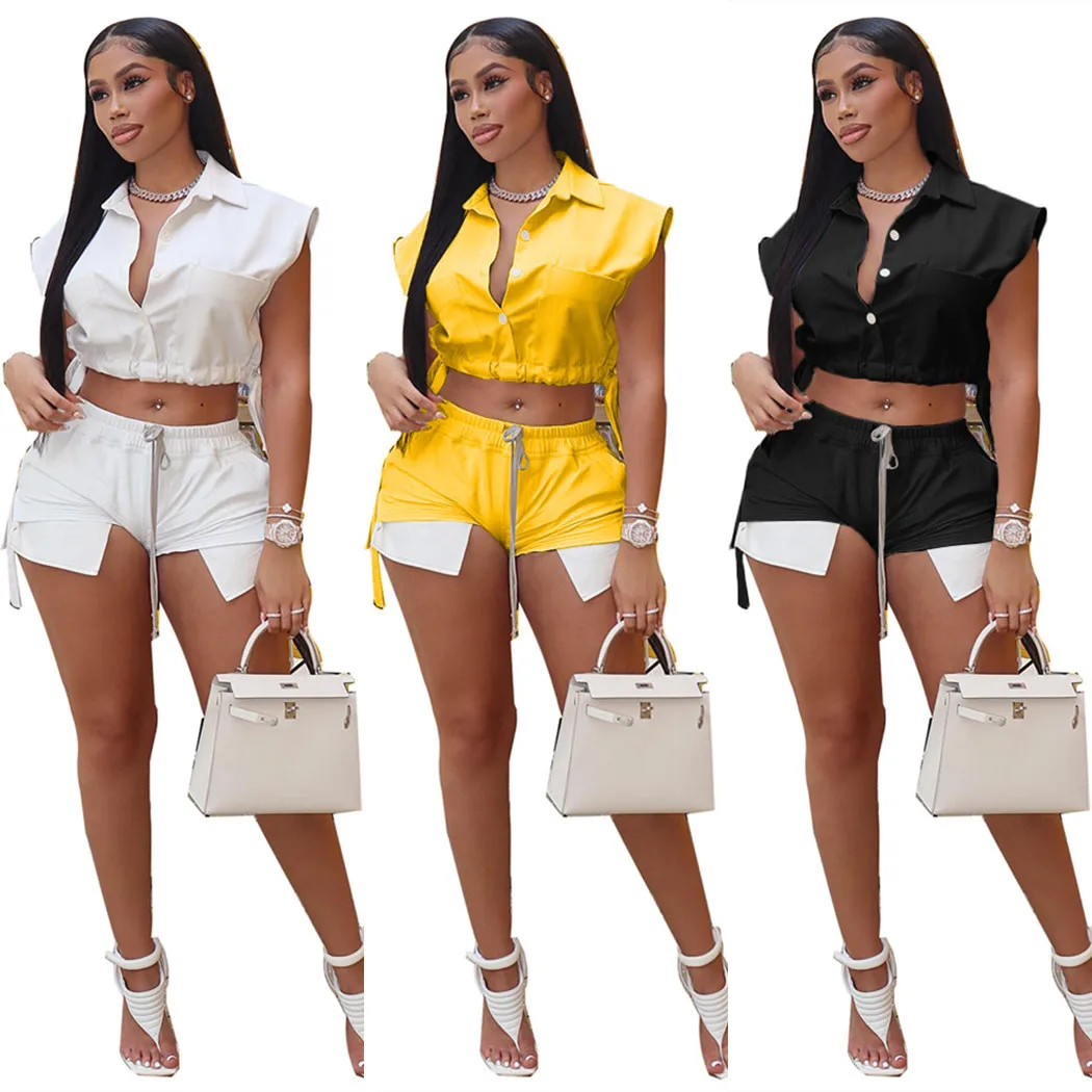 

2023 Fashion Shirt Two Piece Set Women Elegant Tracksuit Sleeveless Button Blouse Top Cargo Shorts Casual Two Peice Set Women