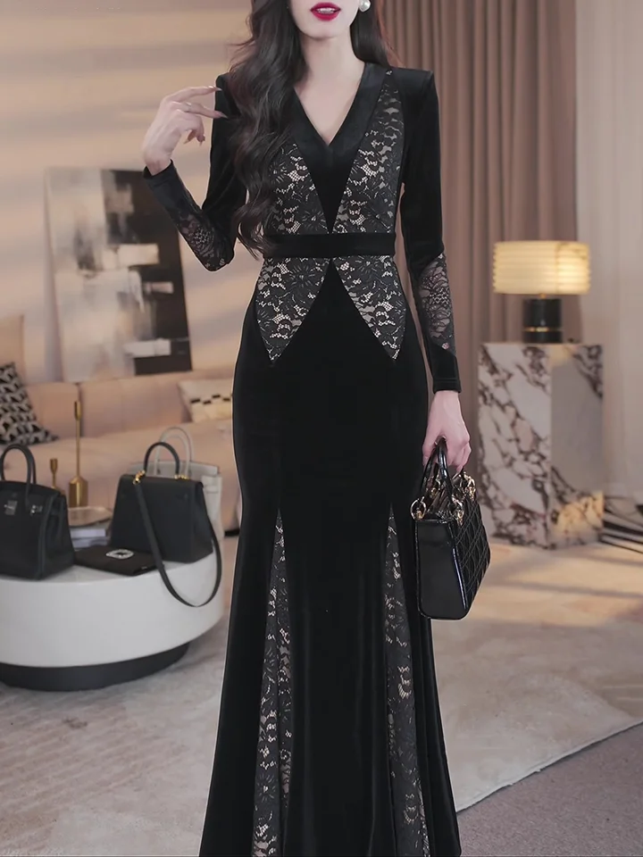 

Elegant Sexy Patchworkv-neck Long Sleeve Bodycon Dress Striped Print Stretch Knit Tight Slim Autumn Winter Fishtail Dresss TS410