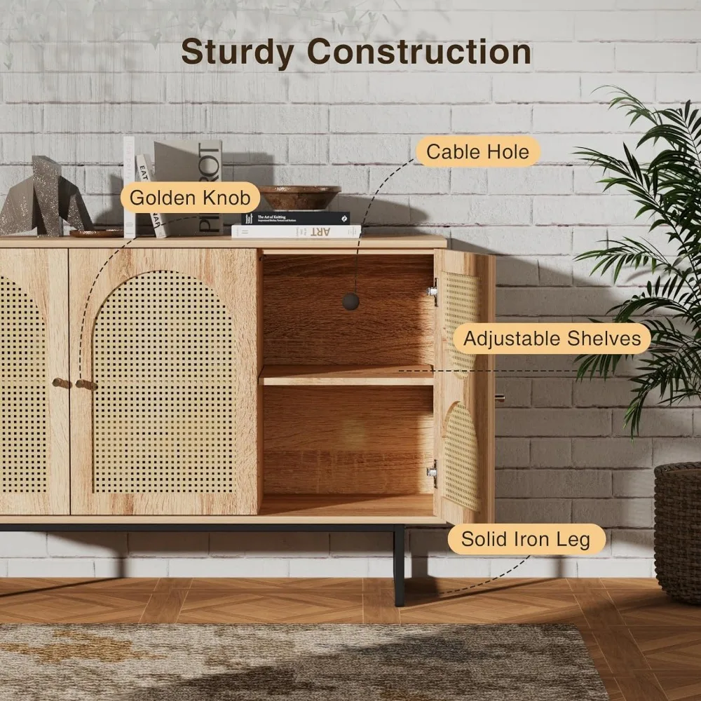 Sideboard Buffet Cabinet with Rattan Doors, Rattan Buffet Bar Cabinet, Boho Credenza Cabinet with Metal Legs