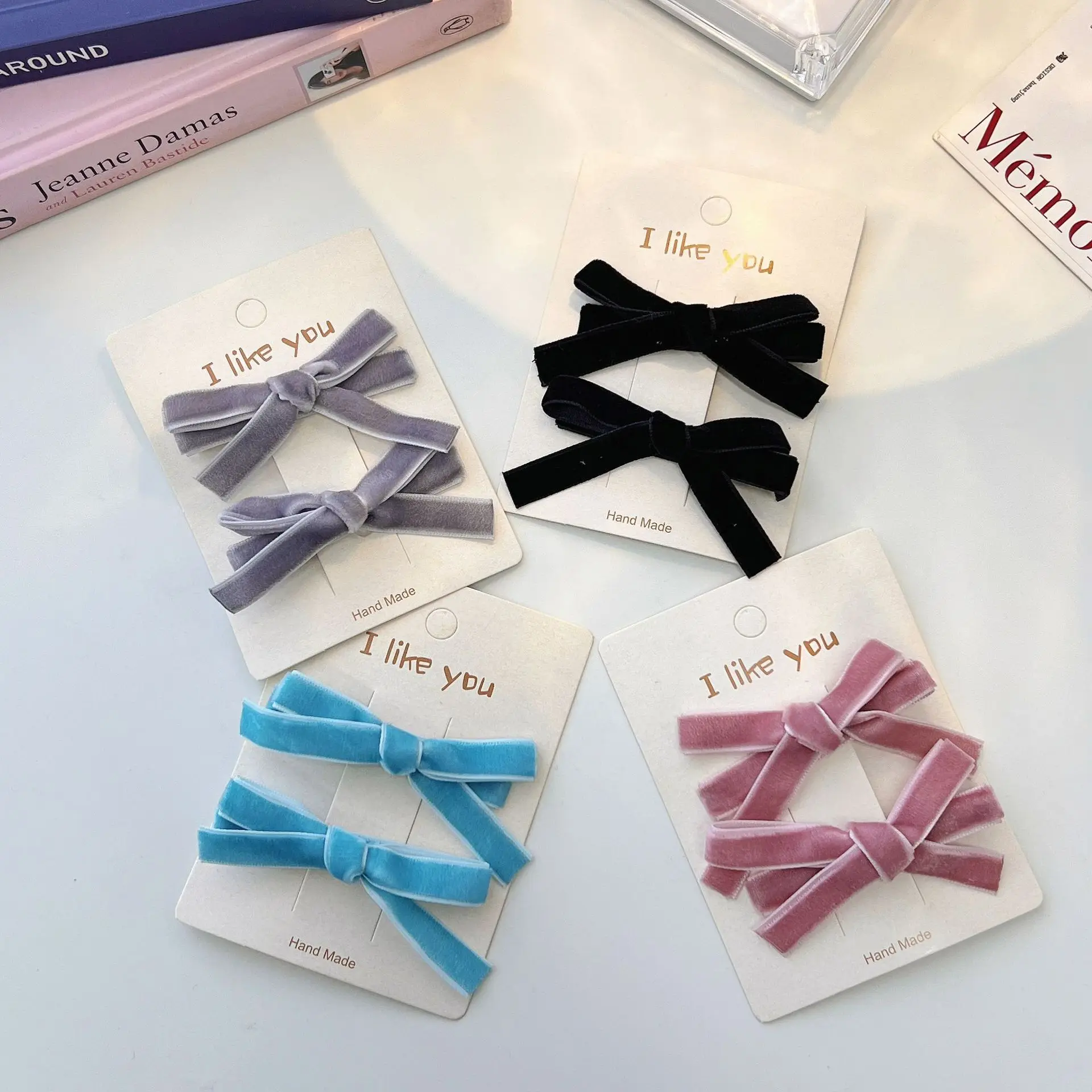 2PC Korean Style Velvet Bow Hairpin Set Solid Color Simple Hairgrip for Girls & Women Vintage Hair Clips Accessory