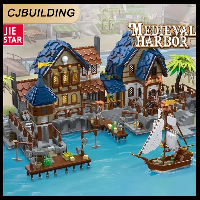 

2979 Pcs Medieval Harbor MOC, Giant Port Town DIY with Boats & Historic Architecture Display