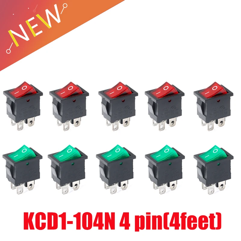 2pcs/lot Ship type switch/ Small Rocker Switch KCD1-104N 4 pin(4feet) with light 6A 250V 15*21mm