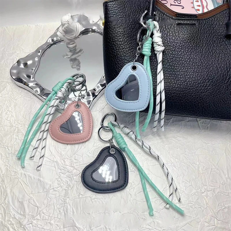 Chaveiro de corda tecida na moda y2k criativo coração espelho chaveiro dopamina colorido corda trançada porta-chaves saco pingente presentes