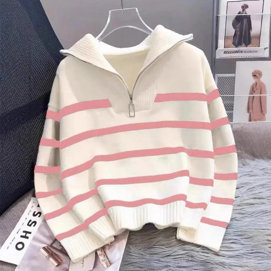

Korean Style Hooded Half Zipper Knittedwear Street Style Laid-back Color Block Striped Sweater Spring Autumn Loose Fitted