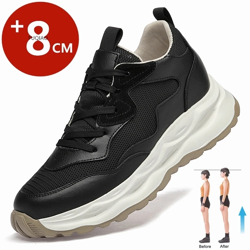 

2026 New Men Invisible 8CM Elevator Sneakers Breathable Cow Leather+Mesh Upper Summer Casual Lift Sports Walking Shoes