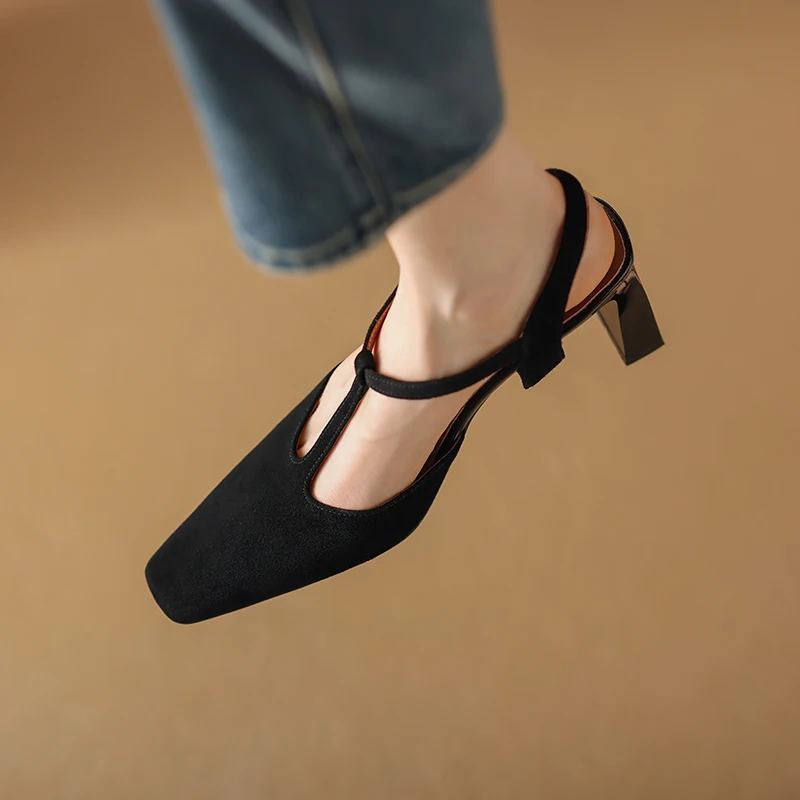 Basic Shoes On Heel Sheepskin Women Retro Mary Jane Summer Sandals French Style Elegant Buckle Shoe Spring Atumn Simple Pumps