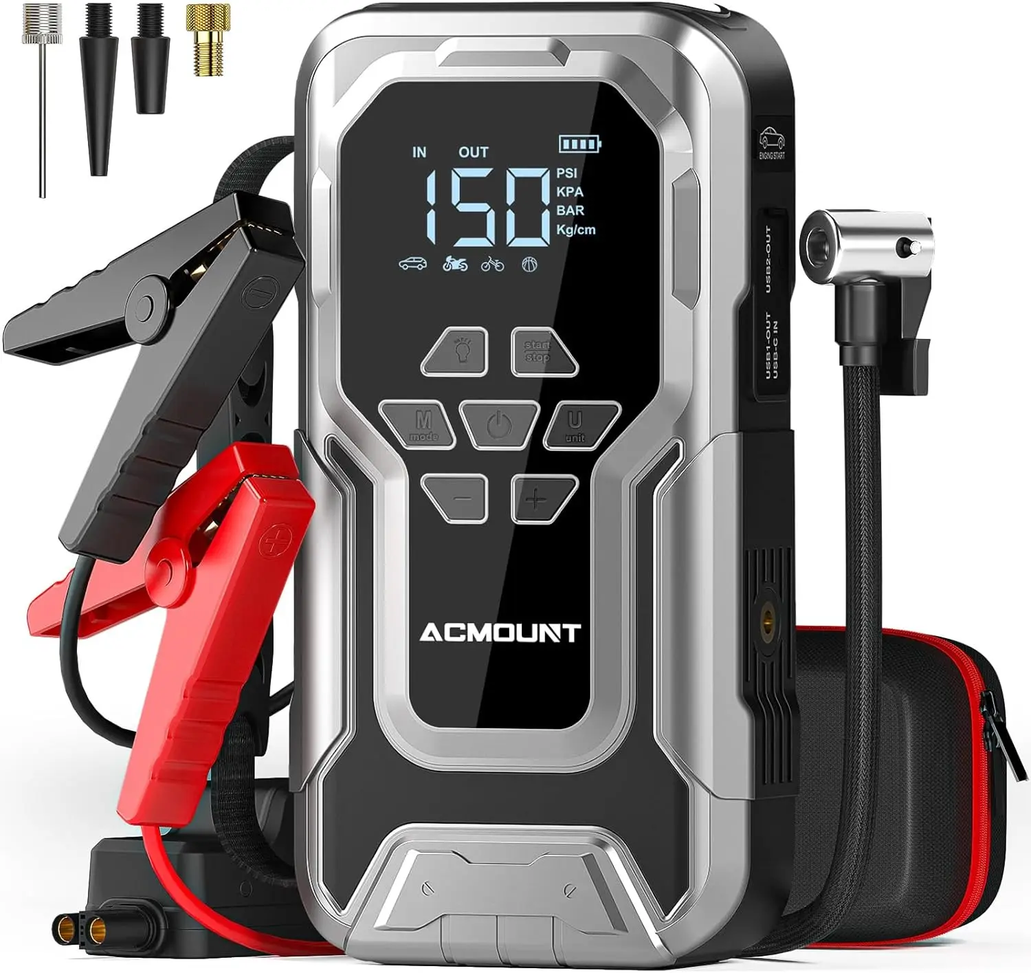 6000A Car Jump Starter with Air Compressor, 150PSI Tire Inflator, 21800mAh Power Bank & LED Light