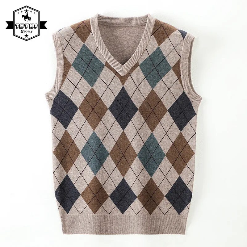 

Men Casual Plaid V-Neck Knit Vest Business Rhombic 40% Wool Pullover Sweater Vest Male England Mid-life Retro Loose Bottomed Top