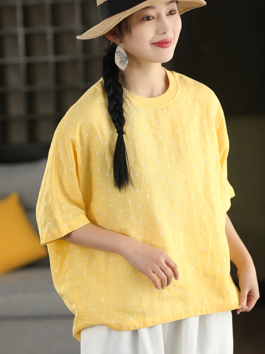 

Художественная высококачественная льняная футболка с принтом, круглым вырезом и рукавом до локтя, летний пуловер в винтажном стиле, свободный крой, женский топ