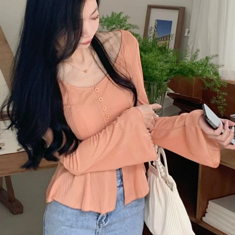 Shirts Women Elegant Vintage Ruffles Design Literary Summer Thin Flare Sleeve Korean Style Female Solid Slim Tops Sexy Popular