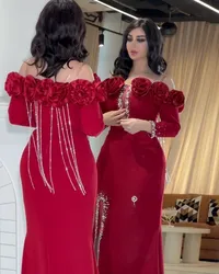 Red Long Sleeve Satin Prom Dress Long for Arabic Women 2025 Off Shoulder Hand Made Flowers Mermaid Slit Evening Gowns Customized