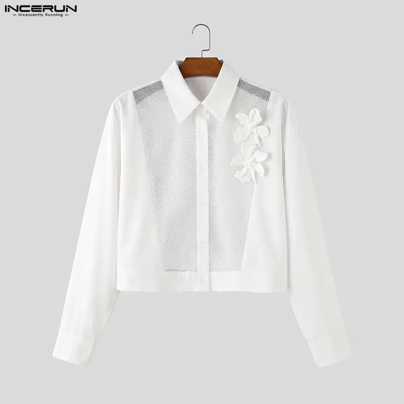 INCERUN Men's Shirt Mesh Patchwork Flower Lapel Long Sleeve Men Clothes See Through Streetwear Sexy Loose Fashion Tops For Man