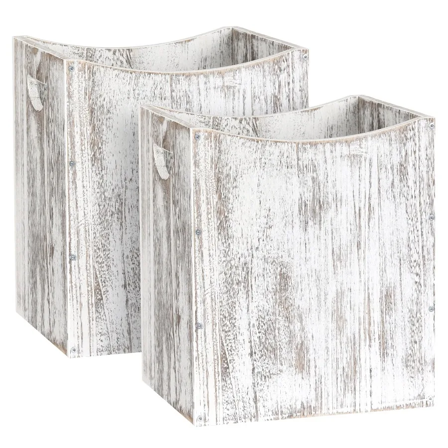 

5.3 Gallon Rustic Wood Trash Can Wastebasket with Handles White-Brown Set of 2 Ideal for Kitchen Bathroom Office or Bedroom Sto