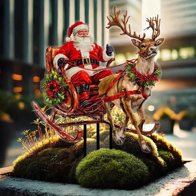 Santa Claus Riding A Reindeer Sleigh To Deliver Gifts Acrylic Outdoor Garden Waterproof Patio Plug