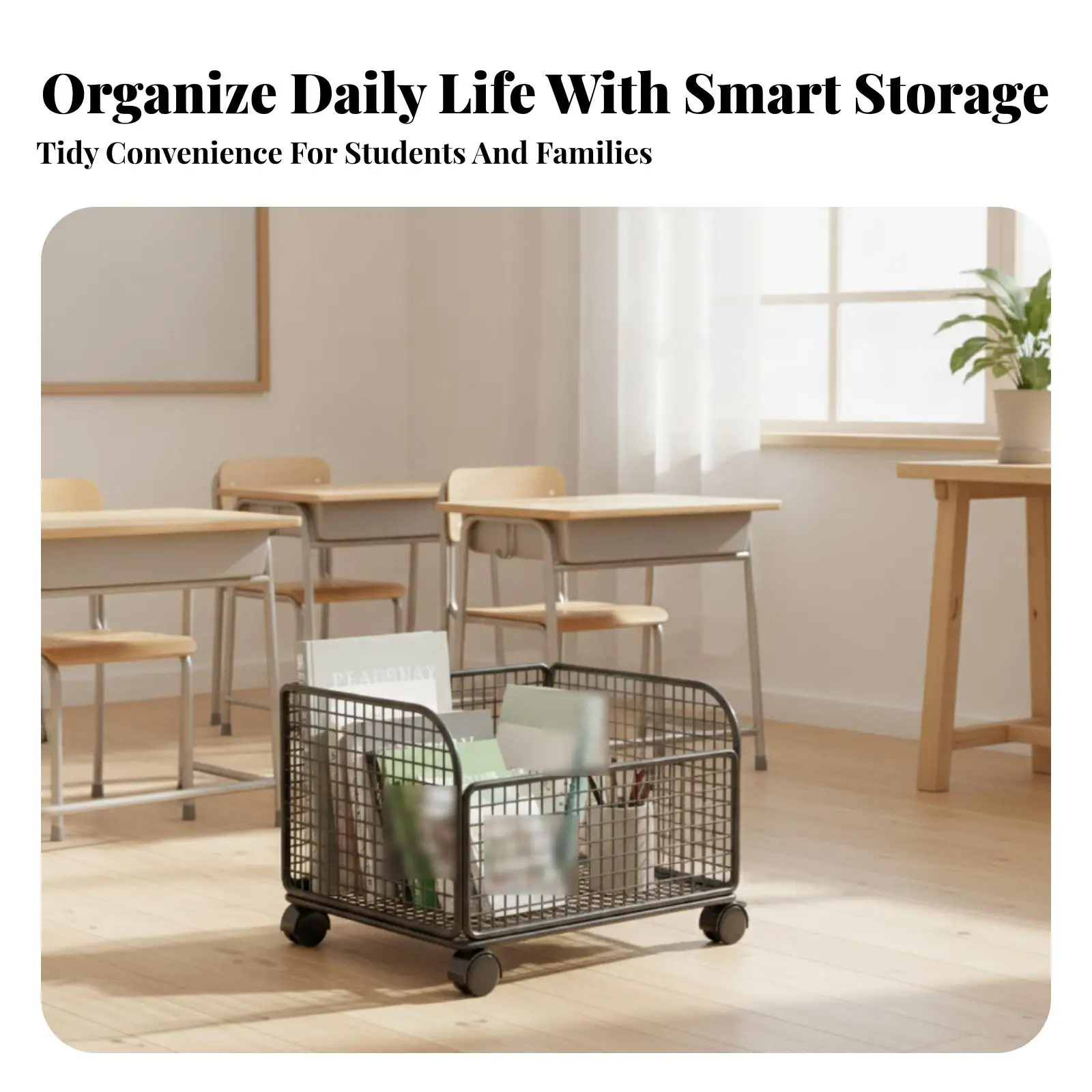 Mobile Mesh Book Cart with 360 Wheel Brake for Student Dorm Organization