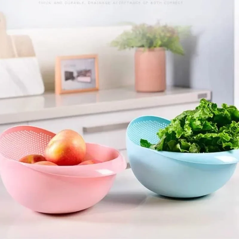 

1pcs MULTIFUNCTIONAL RICE WASHER AND STRAINER BOWL Food Grade Plastic Rice Beans Peas Washing Strainer Green Pink Color