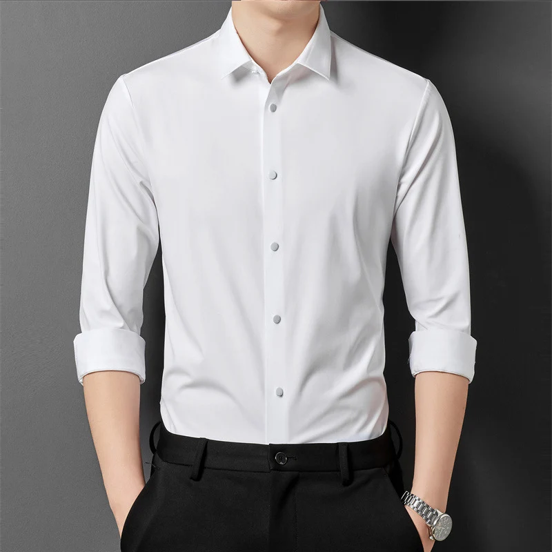 Men\'s High Quality Solid High Elasticity Seamless Comfortable Long Sleeve Shirts Slim Social Casual Business Formal Dress Shirt