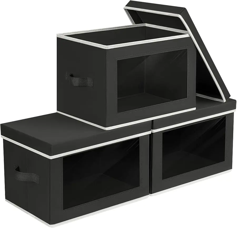 

Storage Boxes with Lids - 3 Pack Fabric Clear Window Storage Bins, Collapsible Storage Bins with Lids, Linen Closet Organizer fo