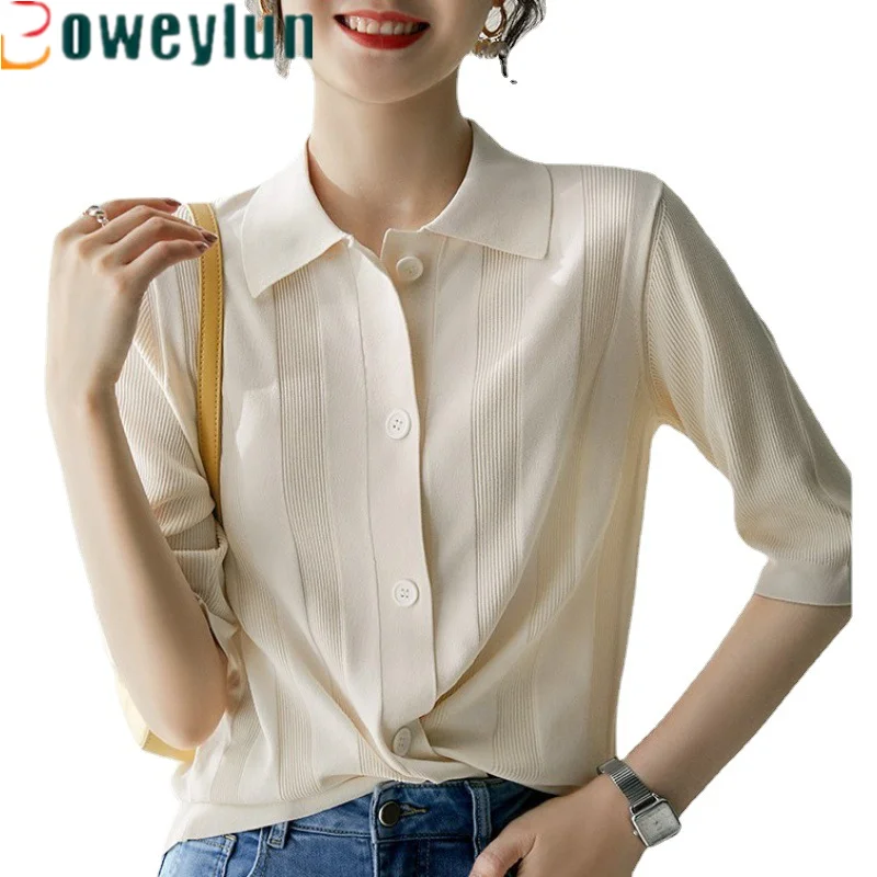 

Boweylun New Lapel Mid Sleeve Knit Cardigan Summer Women's Solid Colour Five-Quarter Sleeve T-Shirt