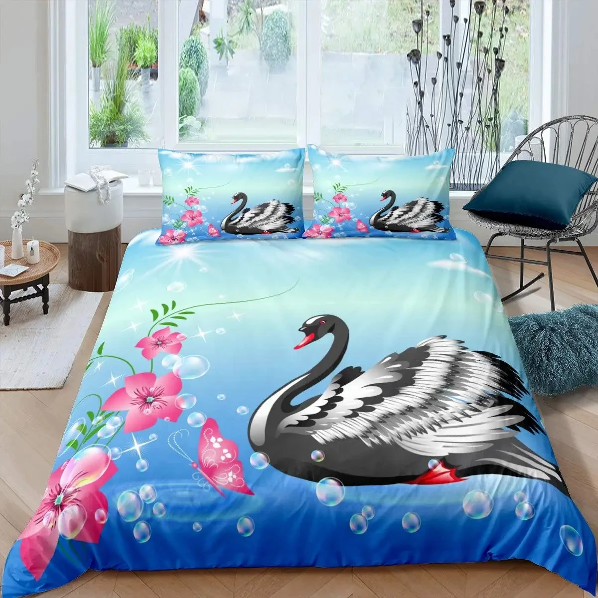 Swan Bedding Set Romantic Flowers Duvet Cover King Birds Wildlife Quilt Cover for Couple Lady Man Wedding Festival Party Decor