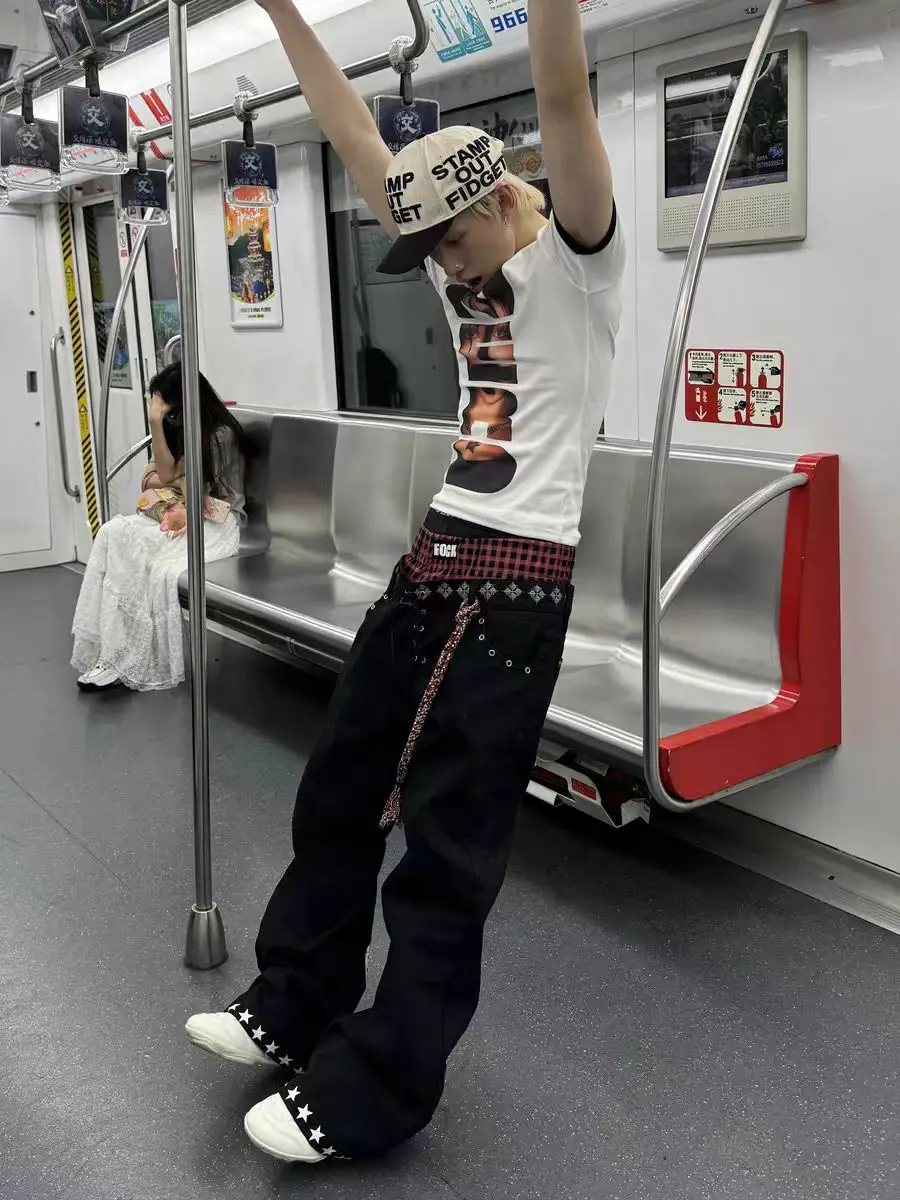 Harajuku Niche Double Waist Drawstring Scimitar Jeans Contrast Color Star Letter Printing Stacked Design Trousers Women's Pants