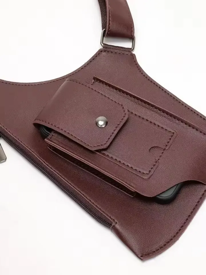 Retro Doppelschulterriemen Taktische Tasche Multi-Taschen Diebstahlsicher Wasserdicht PU Outdoor Reise Wandern Brusttasche für Männer Täglicher Gebrauch – Detail 6