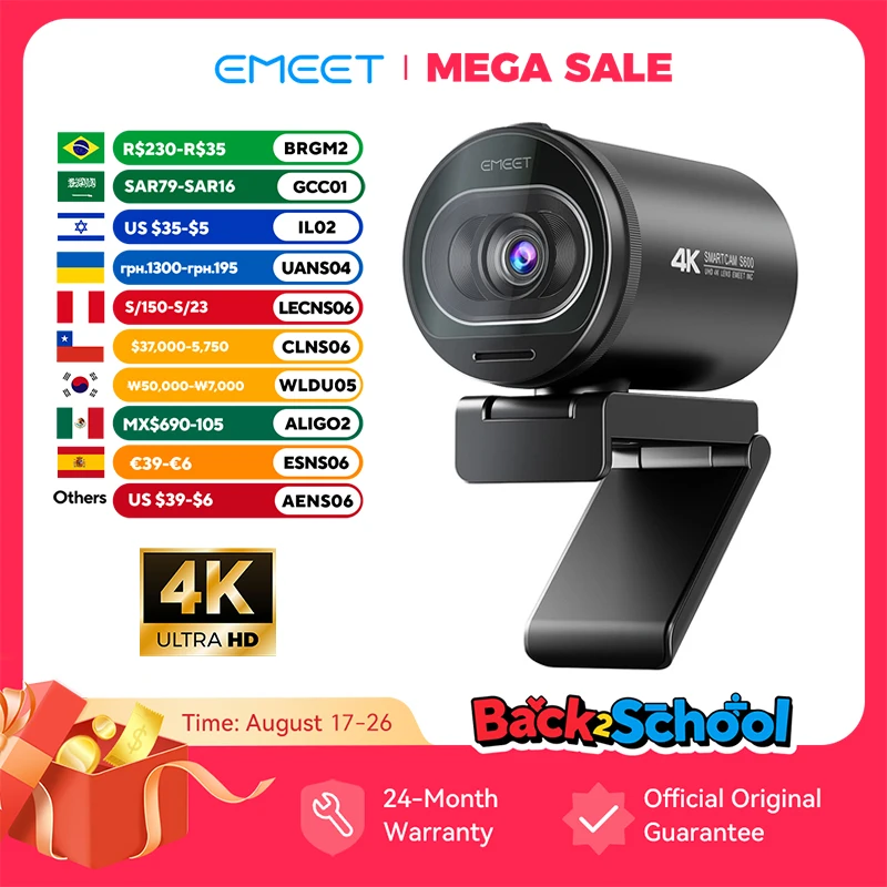 Webcam 4K pour Streaming, Caméra Web 1080P 60FPS USB EMEET S600 avec Autofocus et Micros pour TikTok/YouTube