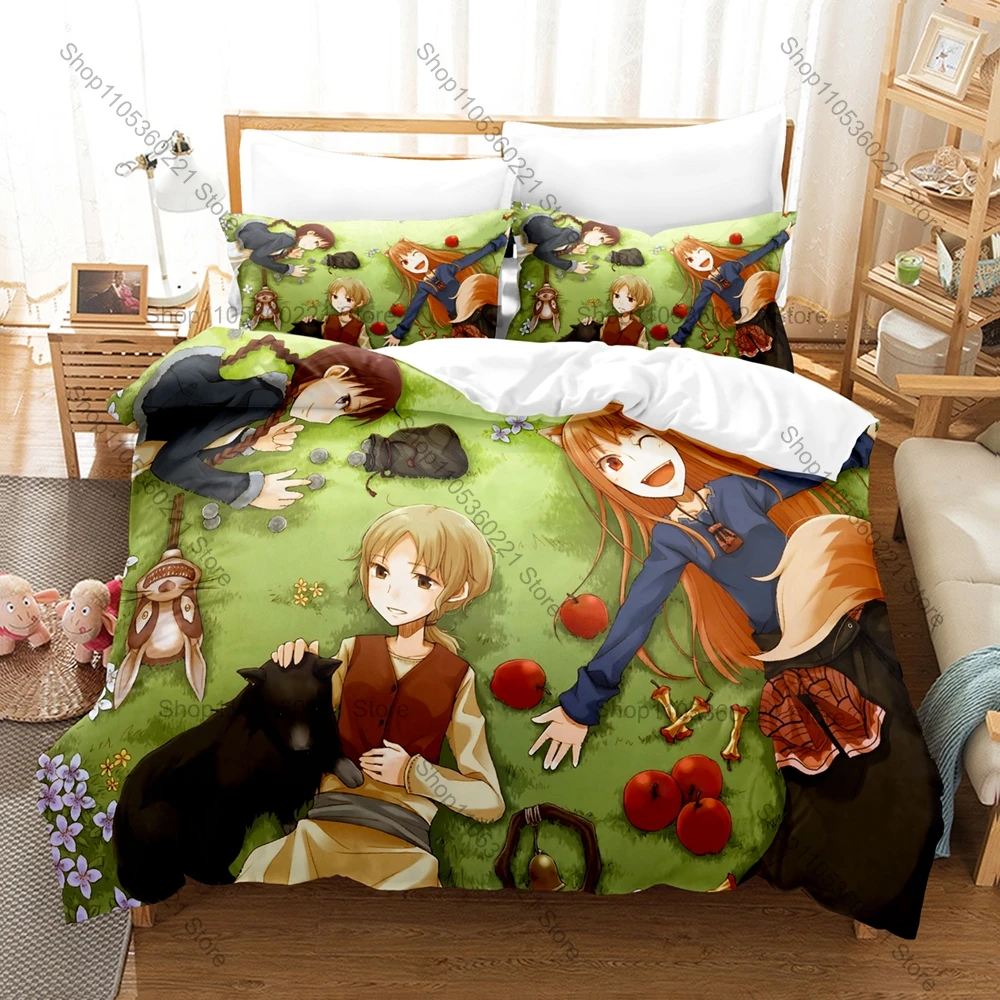Anime Spice and Wolf Bedding Set, Duvet Cover & 2 Pillowcases, Wise Wolf Holo Pattern Breathable Fabric All Season