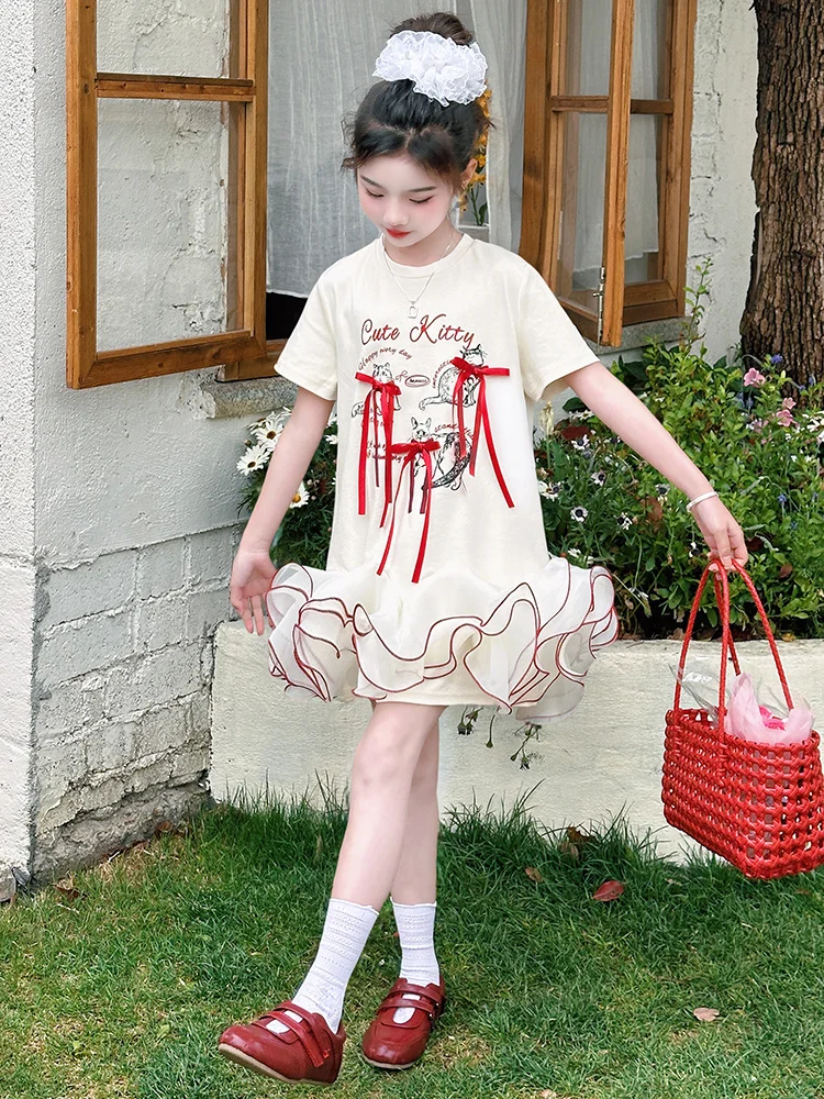 Filles décontracté été à la mode T-shirt à volants bulle jupe Faionable coton ort Sve rond Ne dessin animé imprimé Dr