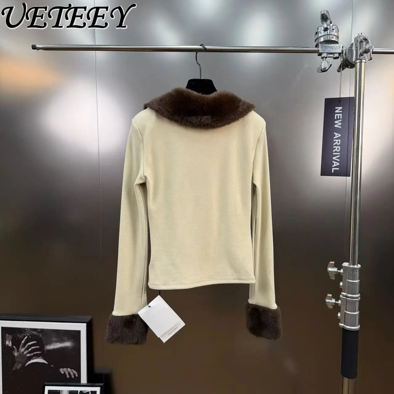 Outono inverno novo americano retro dupla face velo emendado gola de pele camisola curta casaco versátil emagrecimento malha cardigan