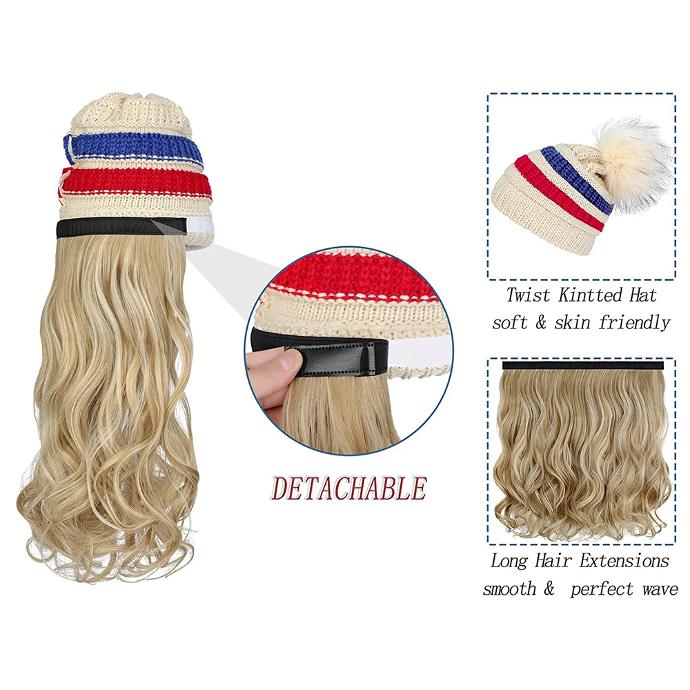 Shangzi Hat Wig Synthetic Long Wavy Wigs with Beret Hat Knitted Fashion Red Whith Autumn Winter Cap Hair Wig Hair Extensions