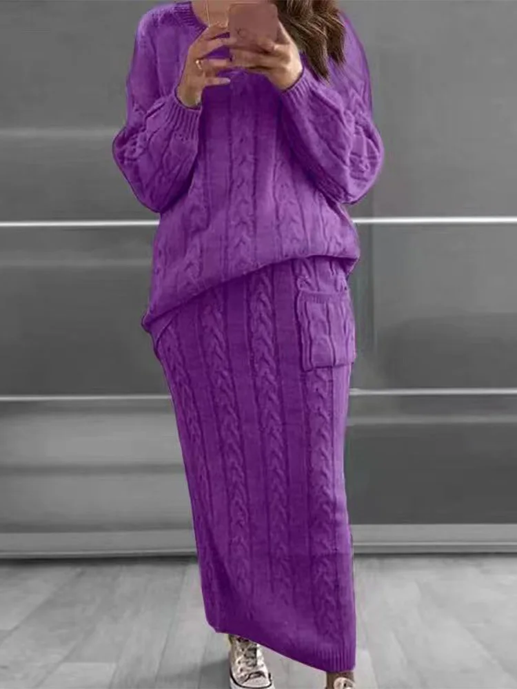 

Drauuing Women Knitting Sweater And Skirt Outfits Casual Female Thick Skirt Two Piece Set Elegant Solid Skirt Slim Matching Suit