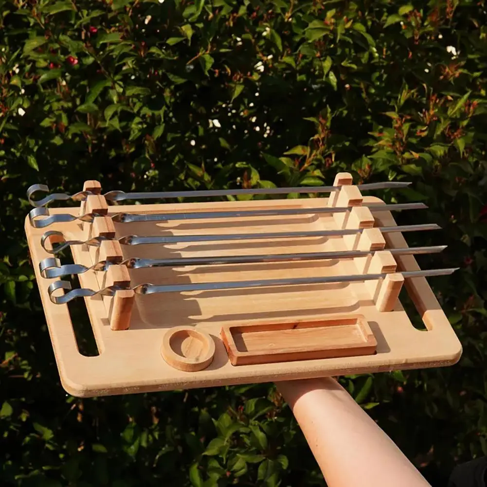 

50*30cm Wooden Barbecue Dish 5 Sticks Outdoor BBQ Plate With Skewer Slots Kebab Tray Skewer Holder Gift For Kitchen Accessories