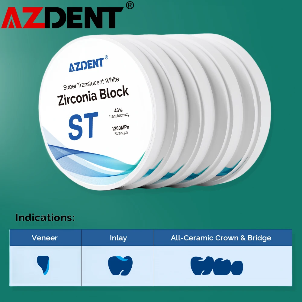 AZDENT Dental Zirconia Block ST White Lab Material CAD CAM 98mm System Super Translucent Dentistry Instruments Implant Tools