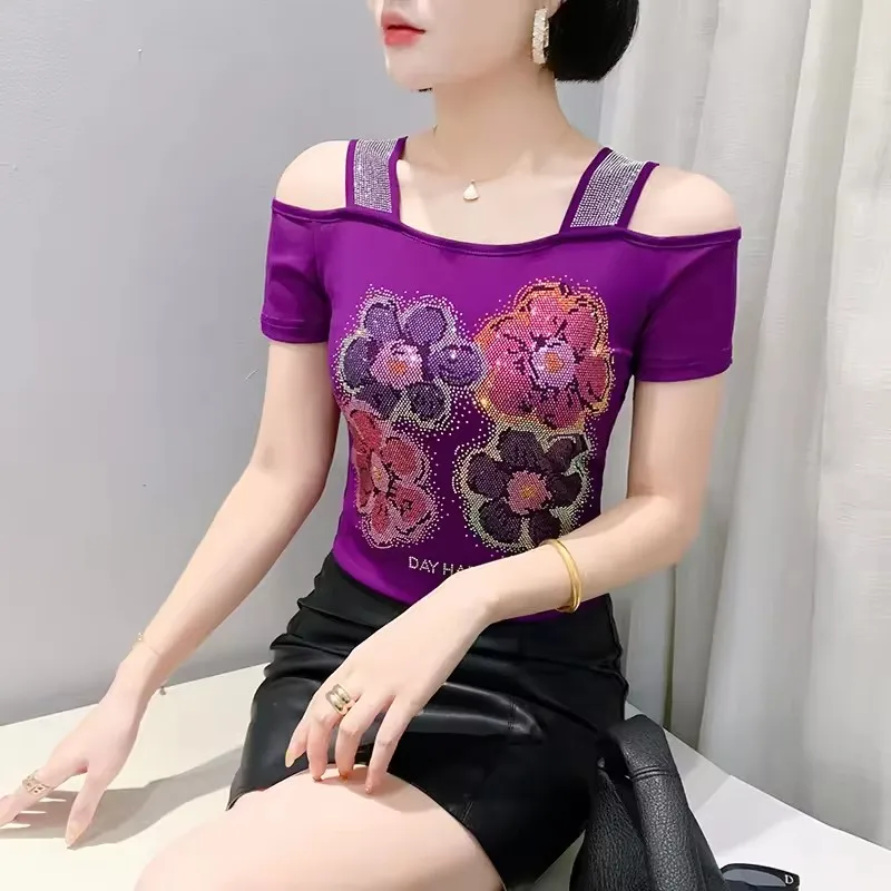 

European Clothes Tees Women Summer Sexy Off Shoulder Flower Shiny Diamonds Mesh T-shirt Tops Femme All Match Blouse