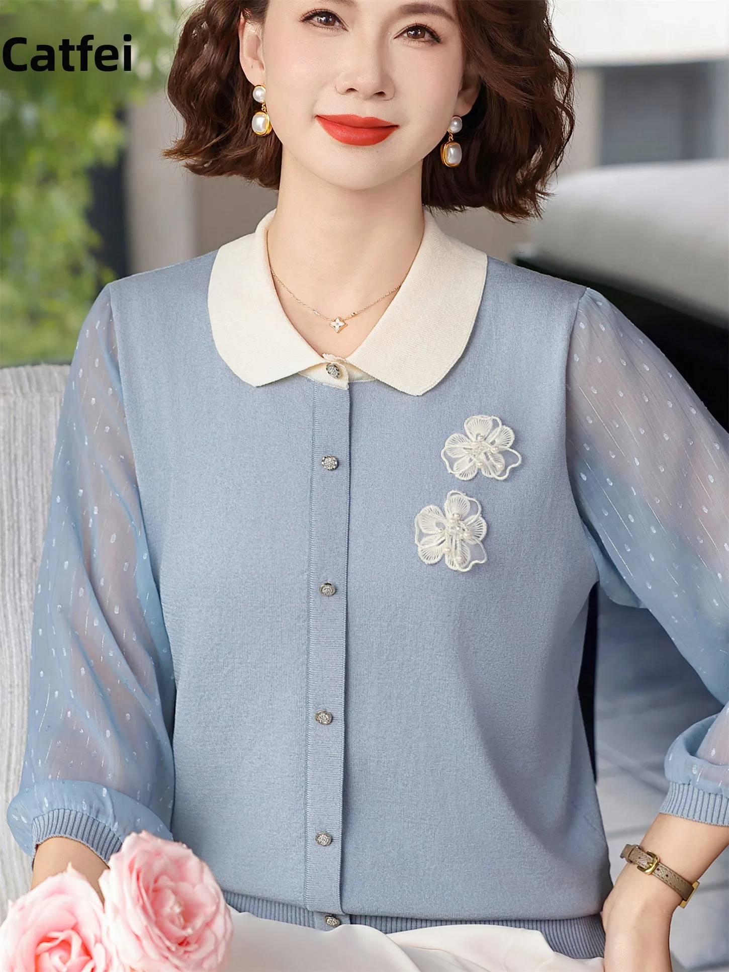 

Модная вязаная футболка без рукавов для женщин, свободный крой, весенняя одежда, с рукавом три четверти, отложным воротником, для мам