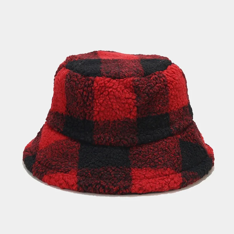 Autumn Winter Polyester Plaid Warm Thicken Bucket Hat Fisherman Outdoor Travel Cap For Men And Women 199