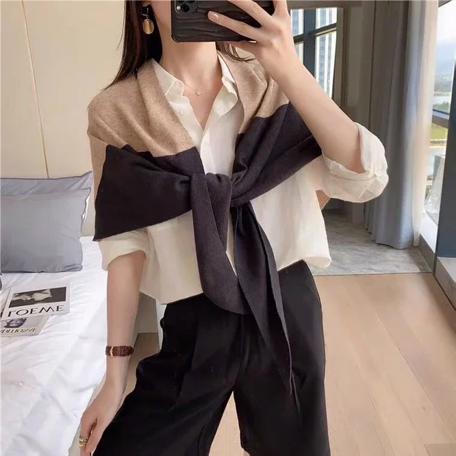 

Spring Autumn Knitted Women's Shawl Thin Cape With Skirt Air Conditioning Room Shoulder Protection Color Matching Blue